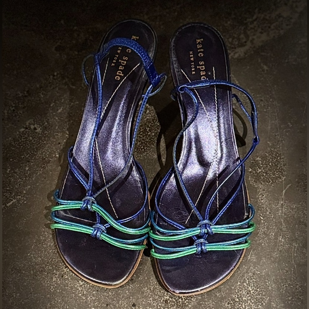 Kate spade, sandal, size 7 B, blue green, heel 2”, made in Italy